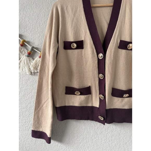 Ann Taylor Button Pocket V-neck Cropped Cardigan Brown Preppy Academia Boho M - Picture 3 of 9